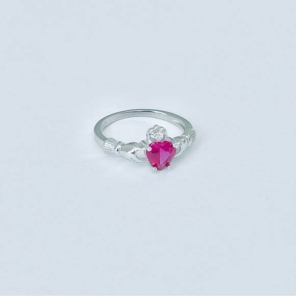 Sterling Silver Ruby CZ Heart Claddagh Ring, Silver Rings, July Birthstone, - Picture 8 of 12